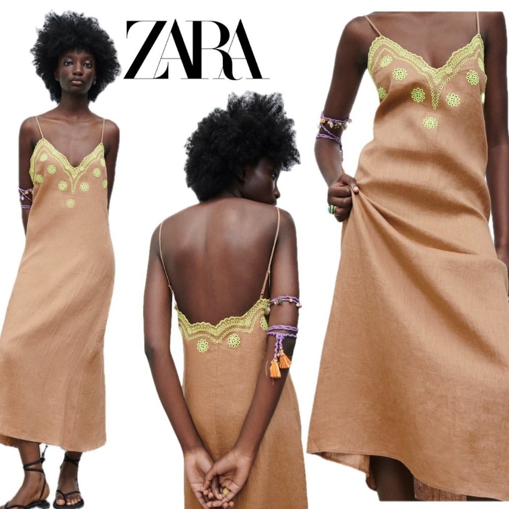 Zara Brown Linen Dress with Yellow Embroidery. Size XS - Picture 2 of 10